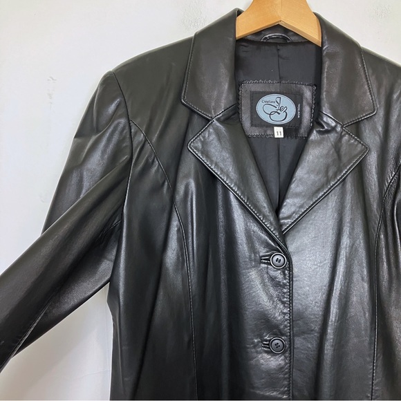 Vintage black leather midi coat single breasted 90s y2k trench blazer jacket - Picture 4 of 10